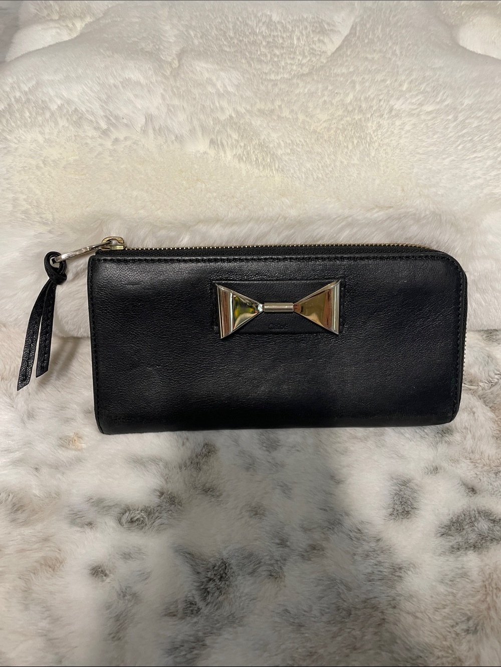 Chloe black leather bow zip around wallet